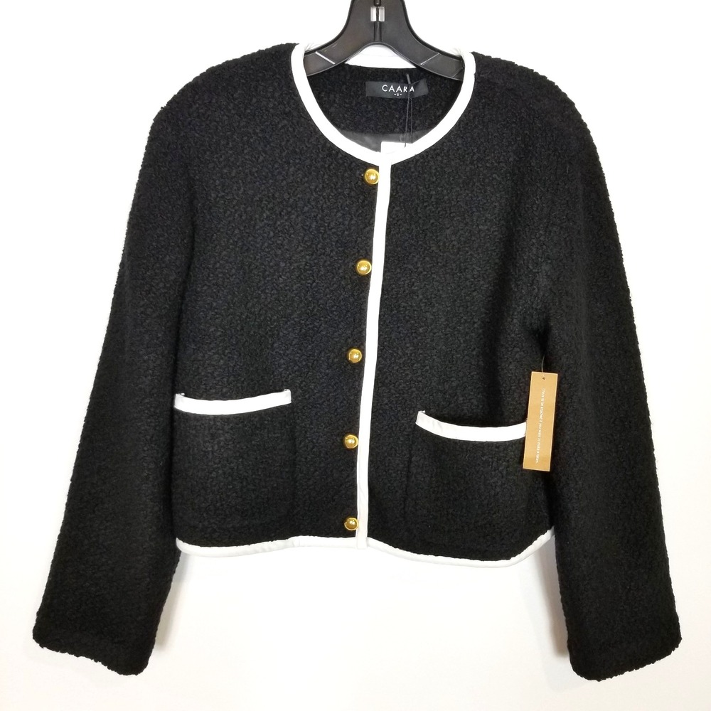 Caara Women Bouclé Contrast Trim Sweater‎ Jacket Sz S Black Wool Blend Button Up